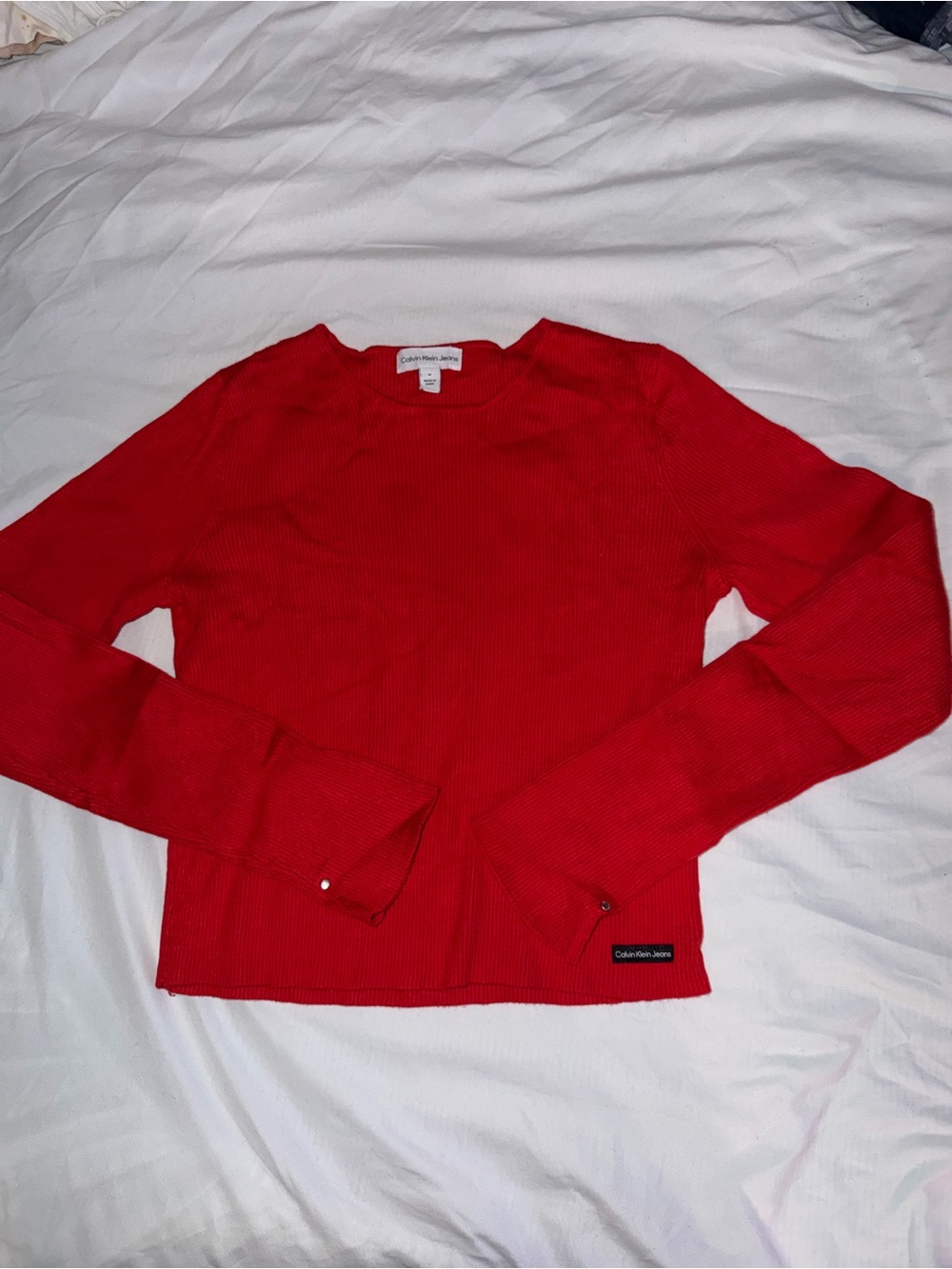 Calvin Klein Jeans Women's Bright Red Ribbed Scoop Neck Sweater